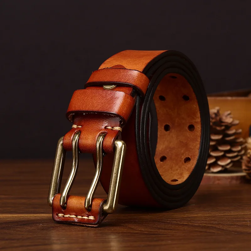 

3.8cm Men's Genuine Leather Belt,Men's Top Layer Cowhide Vintage Casual Denim Double Needle Copper Buckle Belts