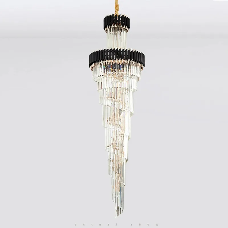 

Spiral Design Large Crystal Chandelier Gold Black Hall Chandeliers Long Staircase Light Fixtures , Luxury Crystal Lighting