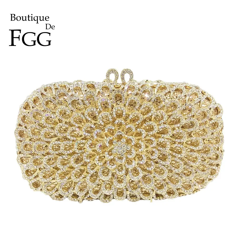 

Boutique De FGG Dazzling Hollow Flower Women Crystal Evening Minaudiere Wedding Party Floral Handbag Purse Bridal Metal Clutch