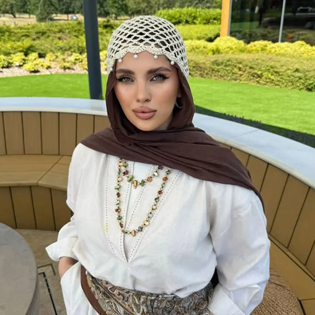 Hit Product Chiffon Long scarf Pearl Knitted Hat Solid Color Knitted Hollow-Out Cap Headscarf Cap Fashion Glitter Knitted Hat