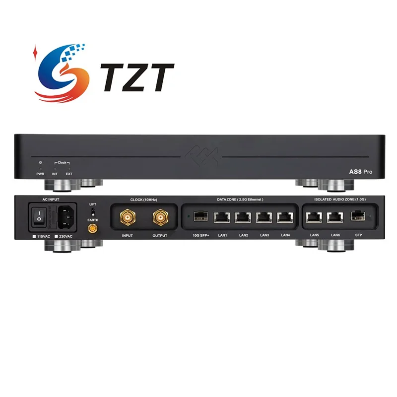 TZT Black/Silvery LHY AS8 Pro 230V/115V Audio HiFi Switch Ethernet OCXO Clock 2.5Gbps Main Switch +1Gbps Audio Isolation