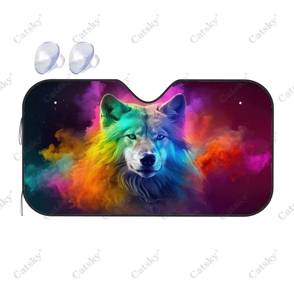 Colorful Horned Howling Wolf Car Windshield Sunshade, Front Auto Car Windshield Sun Shade Blocks Uv Rays Sun Visor Protector