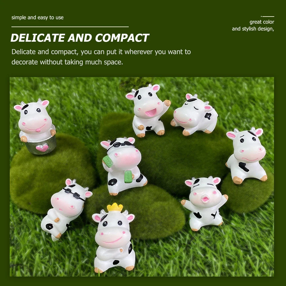 8 Pcs Resin Crafts Ornaments Cartoon Cow Statues Tiny Animal Figurines Decor Cake Mini Garden Micro Landscape Cows