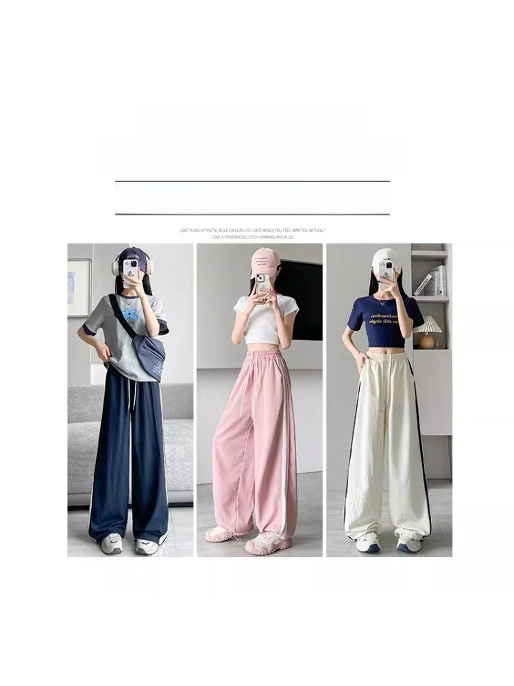 plus Size Women's Stripe Sports Pants Summer Thin Loose Straight Leg Wide Leg Pants American Quick Dry Cuffed Pants Casual Style