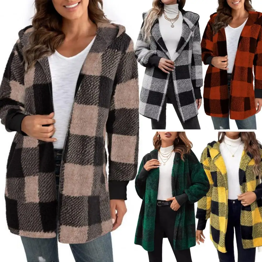 Women Sweater Coat Lightweight Cardigan Jacket Plaid Print Knitwear Hooded Sweater Coat for Women Stylish Open Front Mid-length