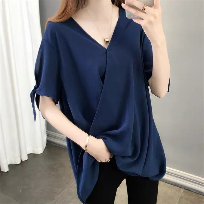 Women Bow Simple Casual Asymmetrical Y2K Oversized Blouse Summer Korean Fashion V Neck Short Sleeve Shirt Solid Tunic Tops Ropa