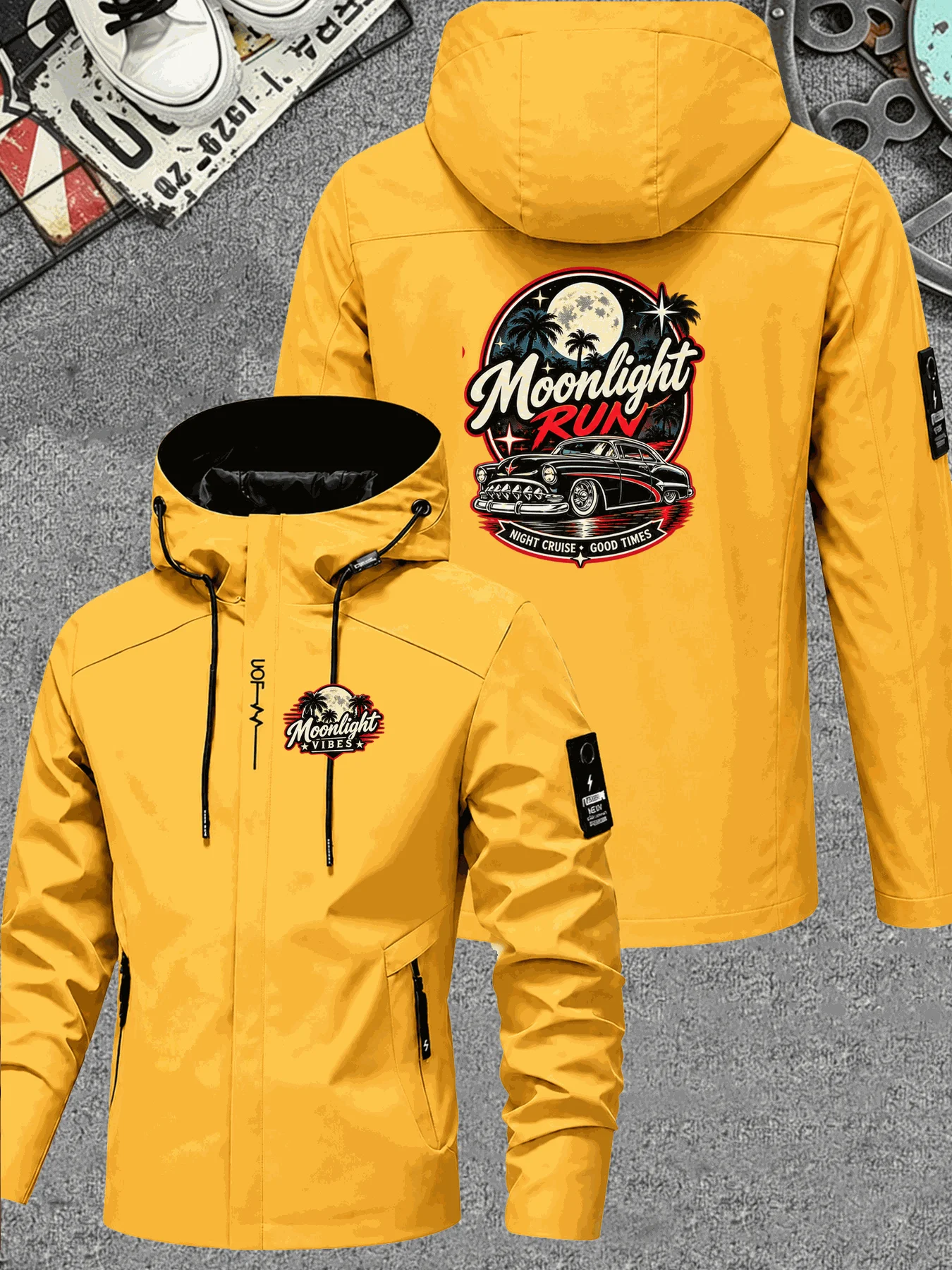 Men Hooded Jacket Moonlight Run Light Graphic Print Zip Up Windbreaker Casual Streetwear Autumn Coat