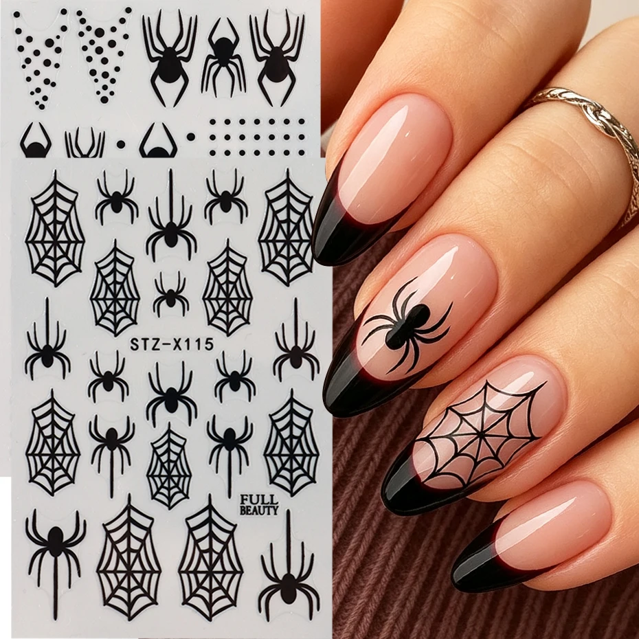 2pcs Black Spider & Polka Dot Nail Stickers Gothic Style Spooky Spider Web Nail Decals for Halloween Party Nail Decorations