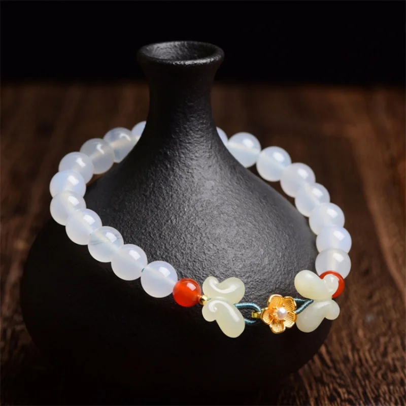 

Hetian Jade Greenish White Jade Old-Styled Bead6*7MmBracelet Butterfly Flying Double Red Agate925Silver Inlaid Pearl