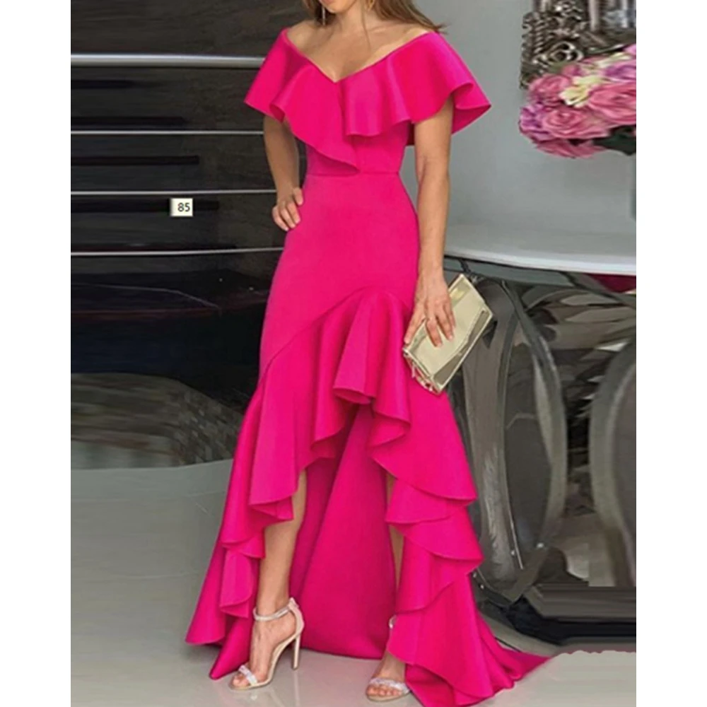 

Summer Women V-Neck Ruffle Asymmetrical Maxi Party Dress Sexy Femme Short Sleeve Slim Bodycon Evening Dress Elegant Gowns