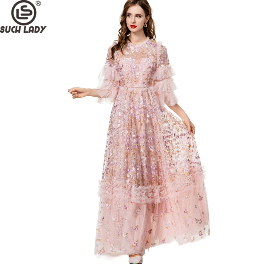 Robes pour femmes col rond manches courtes broderie volants fleurs élégant concepteur Maxi soirée bal robes S- 4XL