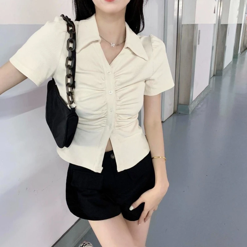 Women's Summer Collar Short Sleeve Slimming Figure Flattering T-shirt Spicy Girl Pure Seductive Asymmetrical Short Design