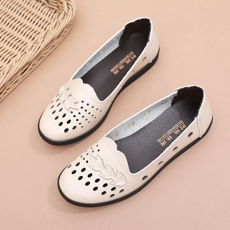 Women Flats Shoes Hollow-out Slip on Casual Ballet Flats Summer Leather Loafers Woman Sandals Soft Bottom Breathable Zapatos