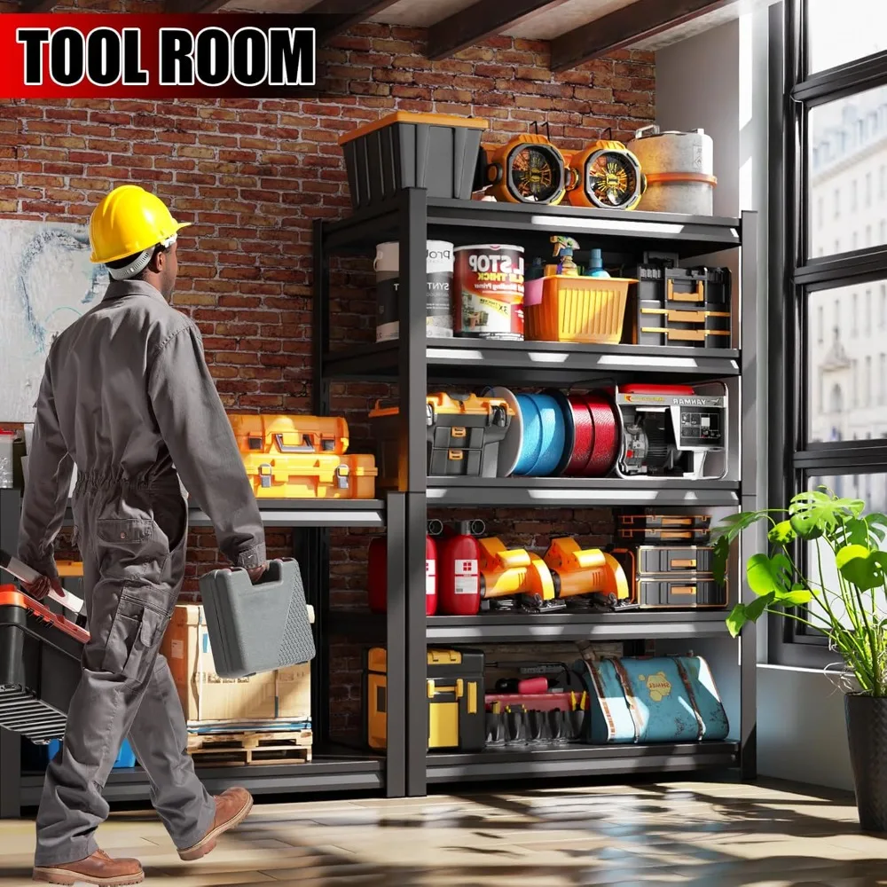 5段メタルガレージ棚、ヘビーデューティ棚3500ポンド耐荷重調整可能ガレージ棚、ユーティリティラック大型工業用棚