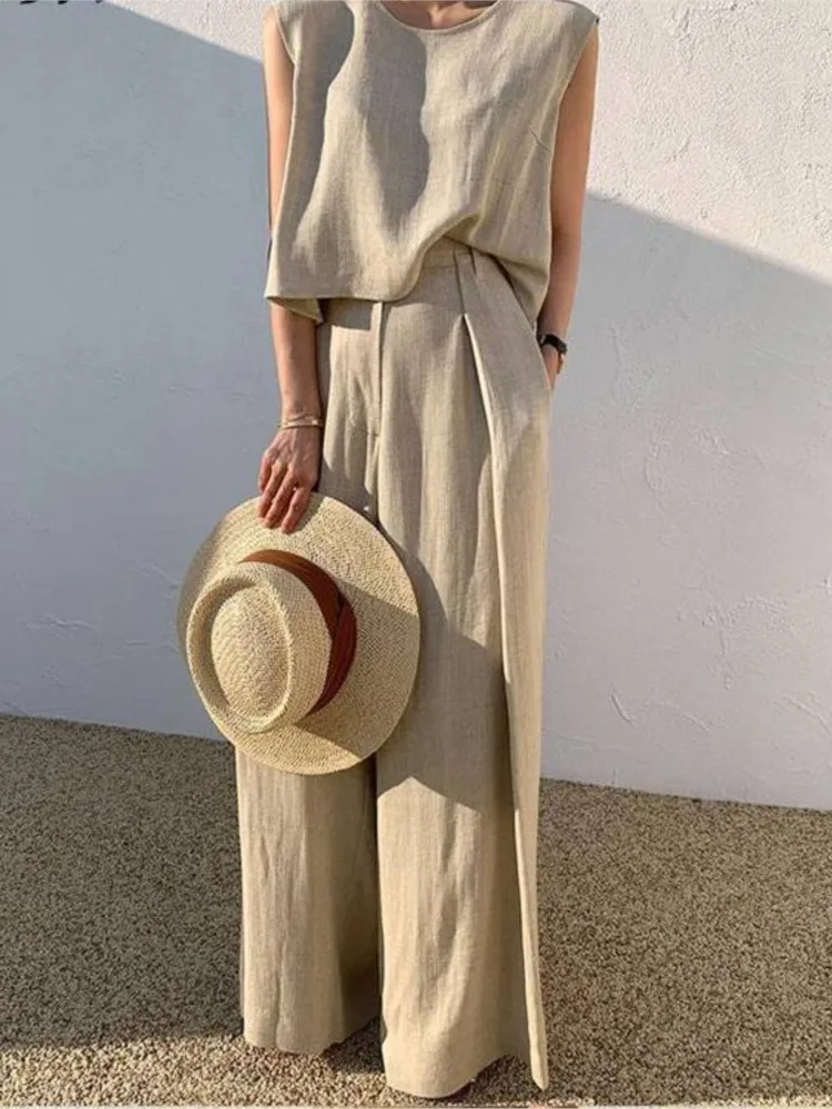 

Cotton Linen Suit For Women Sleeveless O-Neck Tank Top Wide Leg Pants Two Piece Sets Casual Office Ladies Loose Summer Outfits