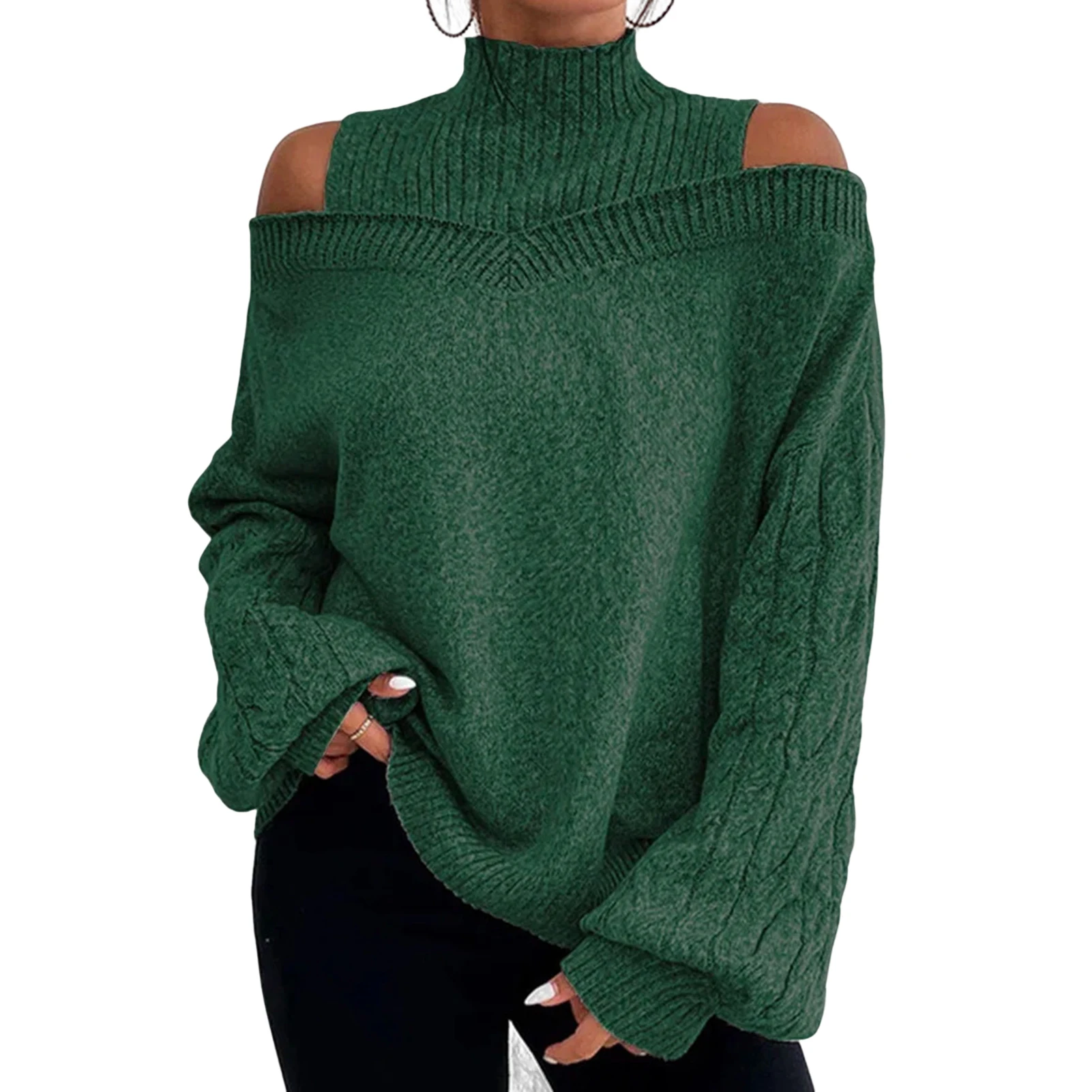 Elegant Cold Shoulder Knitted Loose Sweaters Women 2022 Autumn Winter Side Split Pullovers Streetwear Fashion Jumpers Top