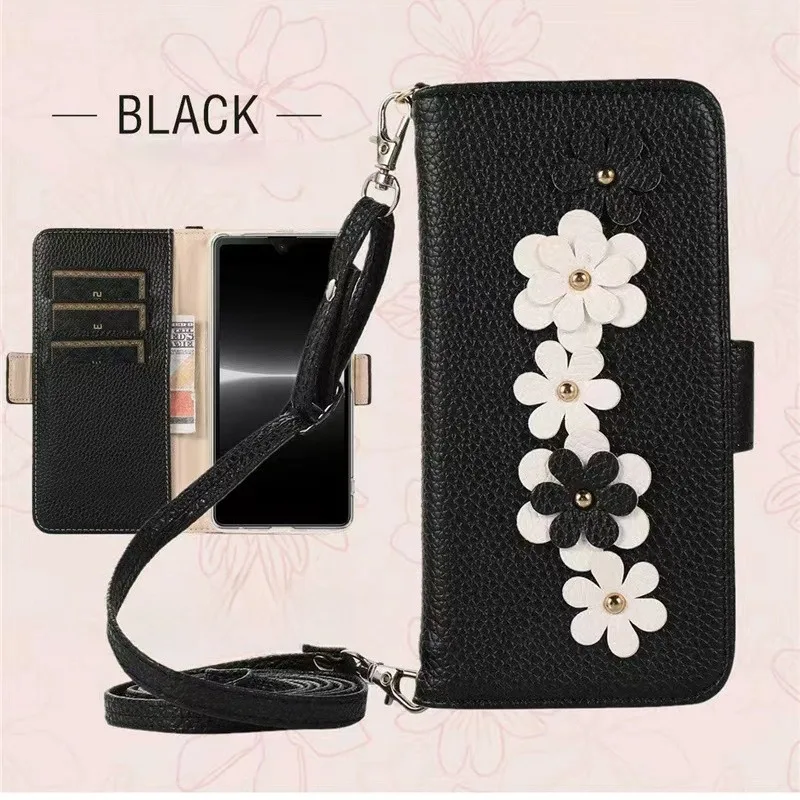 

Crossbody Phone Case for IPhone 16 Pro Max 15 Plus 14 +13 Mini 12 11pro Xs Xr Se 2 3 7 8 Flower Design Card Wallet Leather Cover