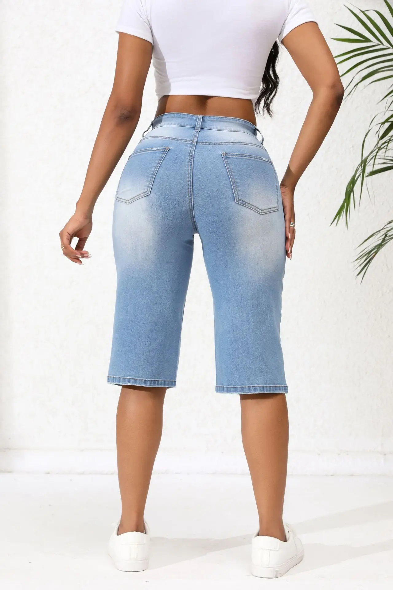 2024 Summer New High Stretch Calf-Length Jeans For Women Fashion Ripped Slim Fit Butt Lift Denim Straight Legs Casual Clothing