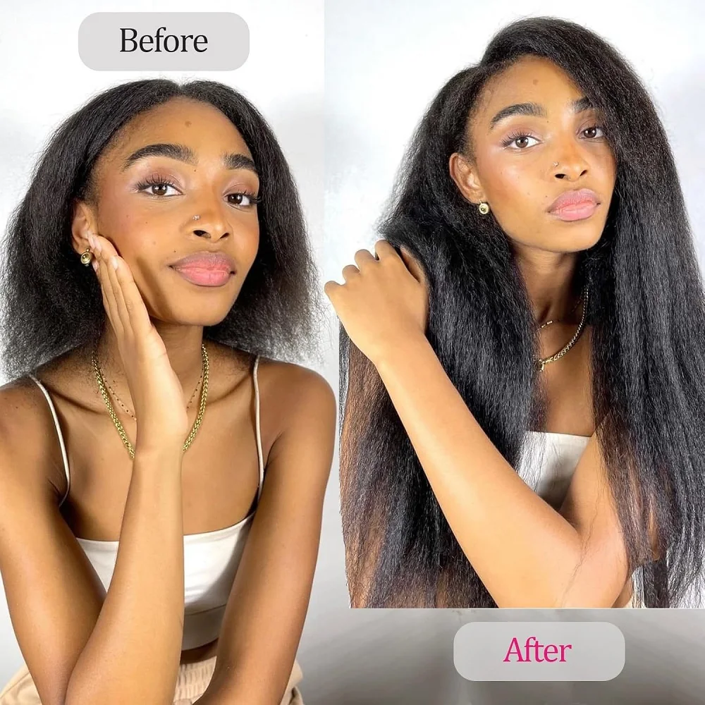 Premium Kinky Straight Clip In Hair Extensions 100% Real Human Hair for Women Yaki Straight Clip Ins Full Head Natural Black
