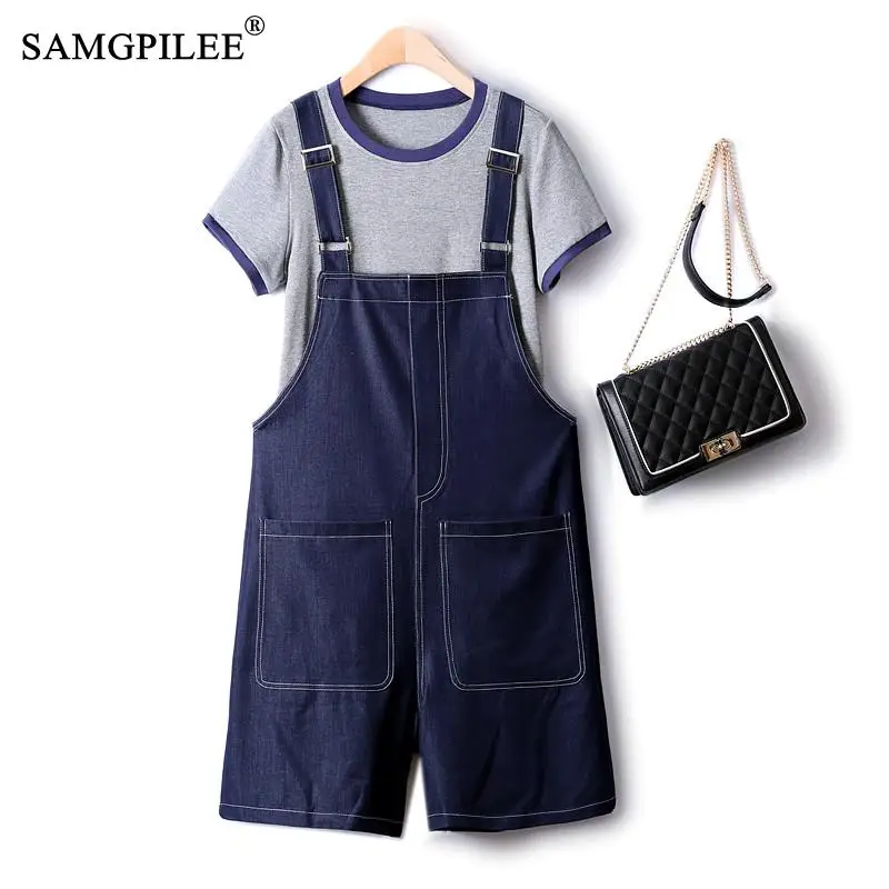 Women's Summer Suit Elegant Color Matching Women's T-shirt Overalls Two-piece Denim Color Fashion Set Woman 2 Pieces 4XL