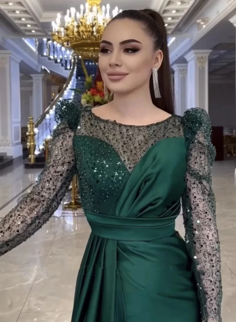 Romantic Green Satin Evening Dresses O-Neck Glitter Long Sleeves Satin Custom Made Mermaid Party Prom Gown Vestidos De Noche