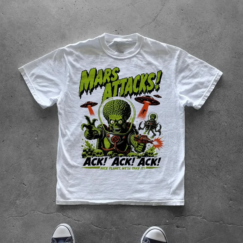 Mars Invasion T-shirt | Retro Sci Fi Pattern T-shirt for Men Summer New Style Suitable for Both Men and Women