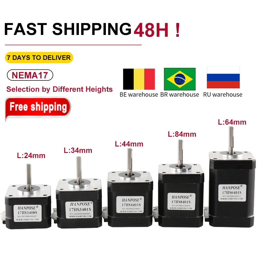 Silnik krokowy HANPOSE Nema17, moment obrotowy 78 oz-in (52 N-cm), prąd 1,8 A. Modele 17HS8401 17HS 2408 17HS3401S 17HS4401S 17HS6401S