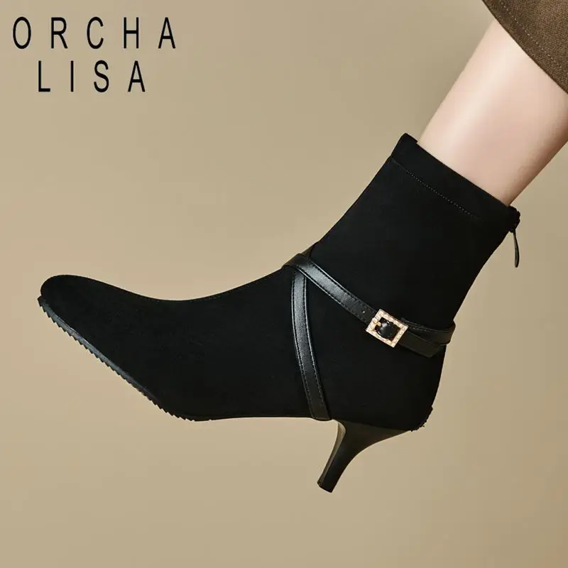 

ORCHA LISA Brand Sexy Women's Ankle Boots Round Toe 6cm Thin Heels Flock Suede Zipper Belt Buckle Big Size 45-46 48 Dating Bota