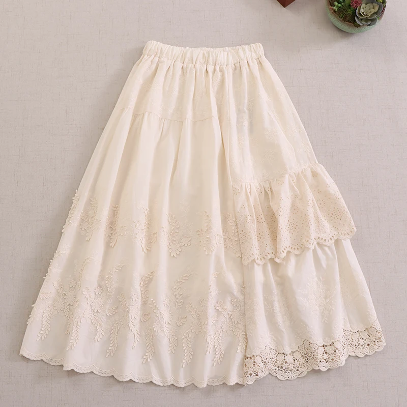 

Japanese Sweet Mori Girl Lace 3D Flower Embroidered Fairy Skirts Women Summer Elastic Waist Casual Loose Asymmetry A-line Skirts