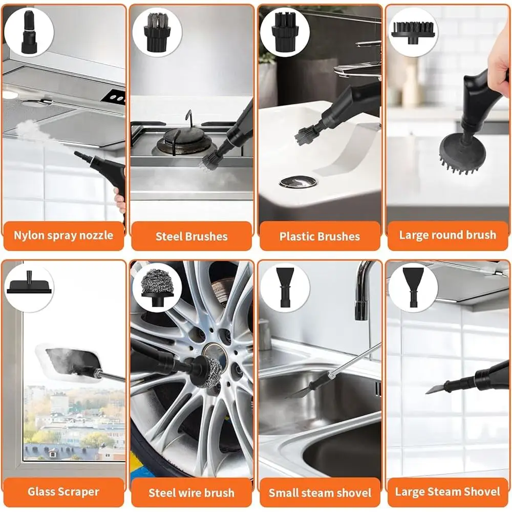 High Power Handheld Steam Cleaner Portable Car Cleaning Machine 2500W 6 Speed Adjustable Pressure 1L Tank 3 Brush Heads