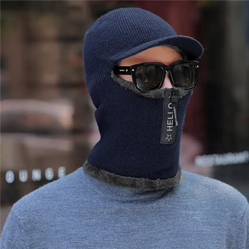 Men Knitted Hats Winter Zipper Thickened Plush One Piece Hat Collar Set Cap Outdoor Cycling Neck Protection For Male