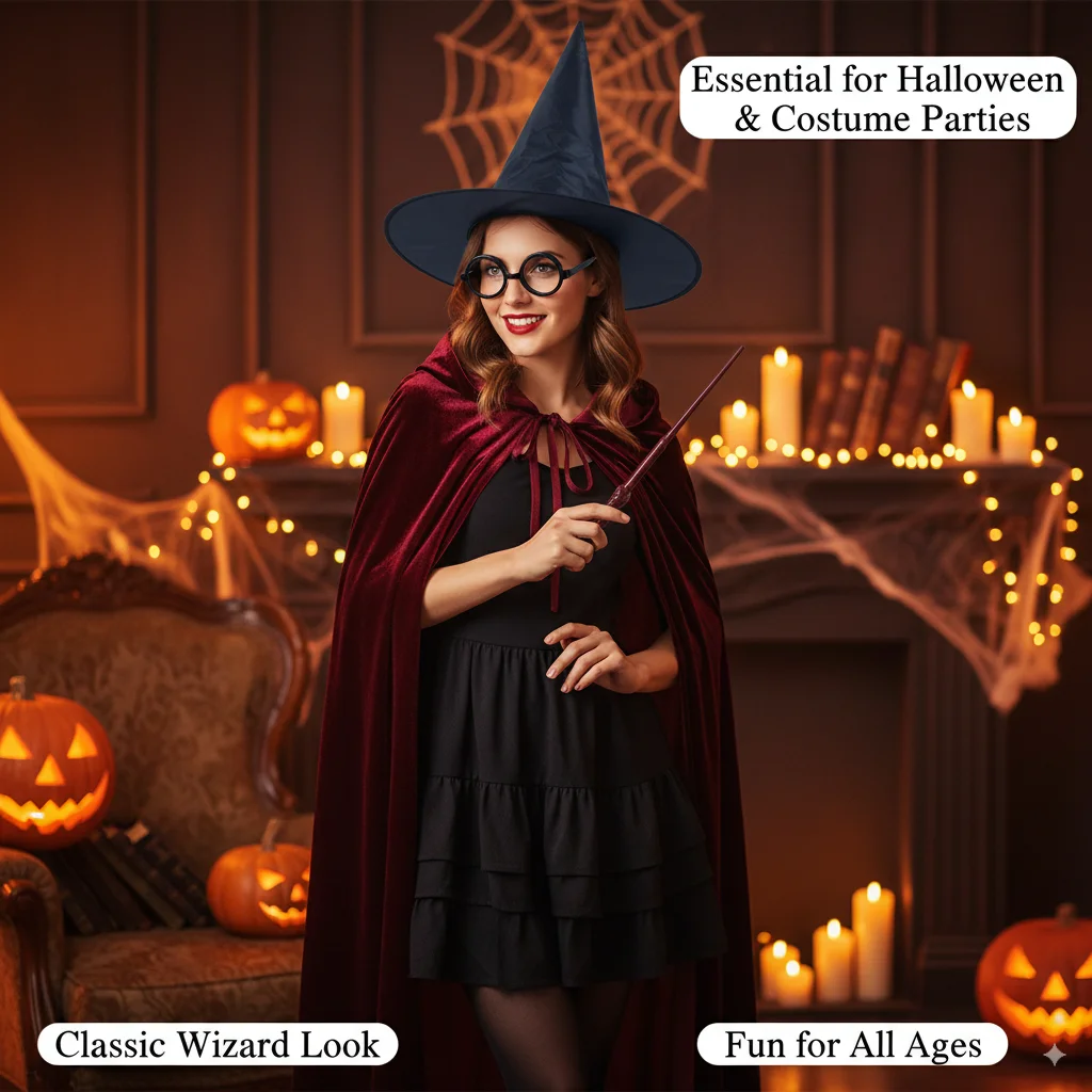 

Magic Wizard Costume Set Halloween Cosplay Wand Hat Glasses Kids Birthday Party Dress Up Accessories Children Role Play Outfit