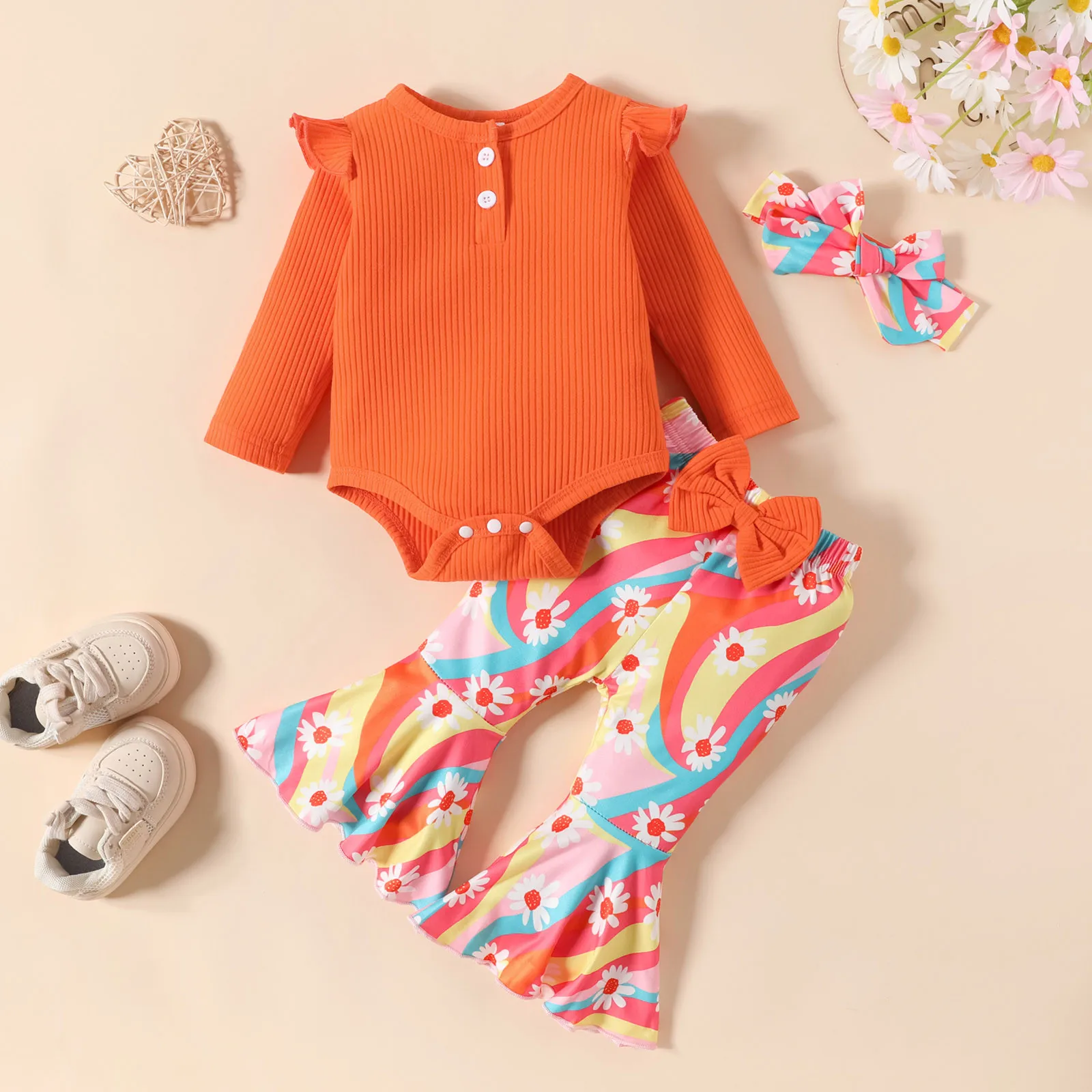 3 6 9 18 Months Infant Baby Clothes Girls 3Pcs Autumn and Winter Long Sleeve Ribbed Romper Bodysuit+Prints Pants+Headband Sets