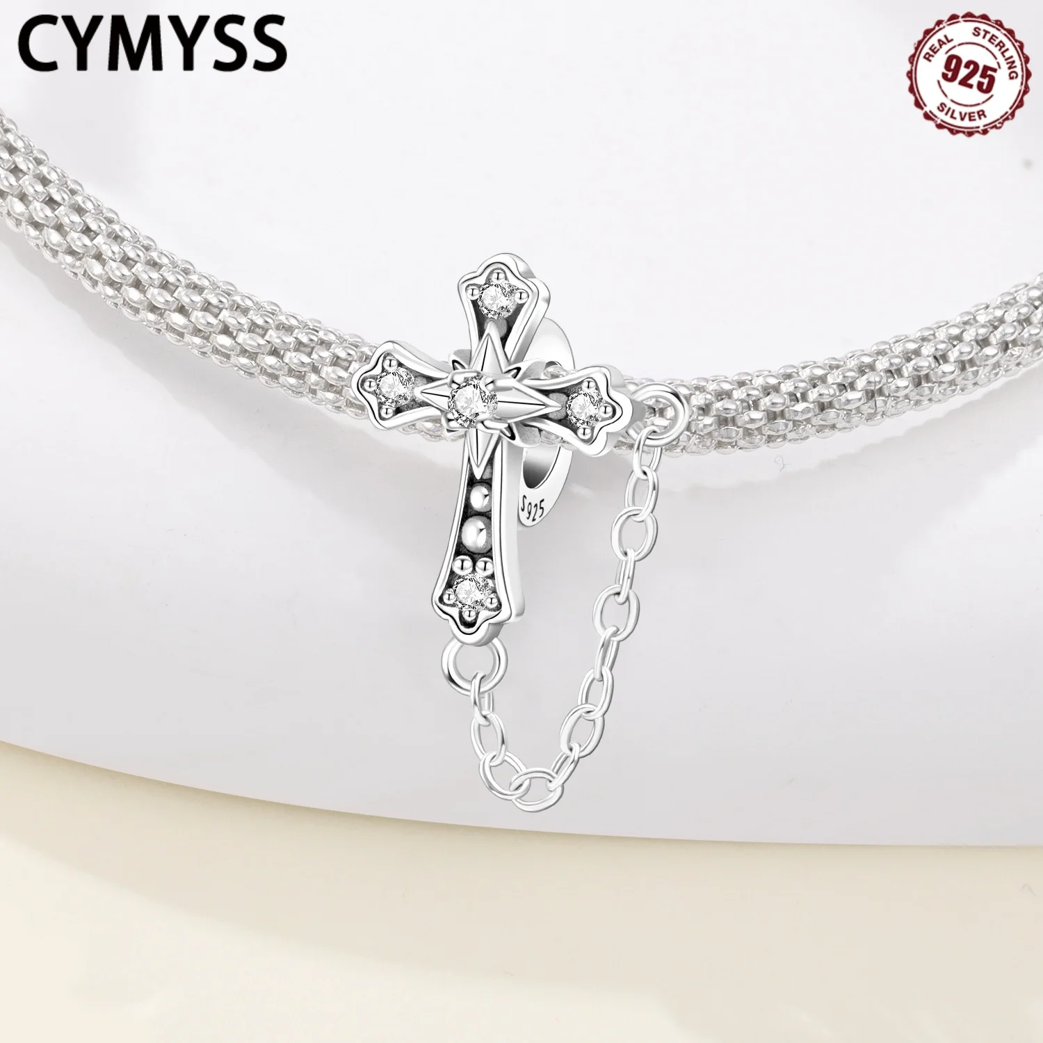 

CYMYSS 925 Sterling Silver Star Studded Stone Cross Tassel Beads Suitable For DIY bracelets, Gift Giving Charm Jewelry Beads
