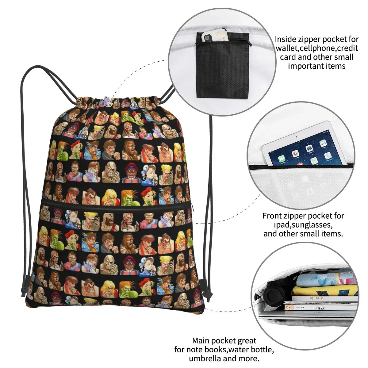 Sacs à dos portables Super Street Fighter pour écoliers, sacs à chaussures de poche Bundle, sac à cordes de proximité, sacs à dos de portraits détruits