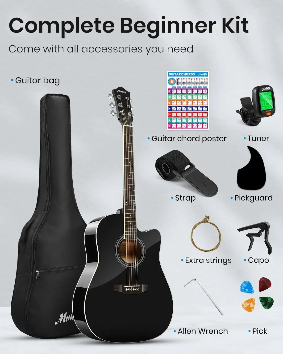 Acoustic Guitar for Beginners Adult Teen Full Size Guitarra Acustica with Chord Poster, Gig Bag, Tuner,Steel Strings,