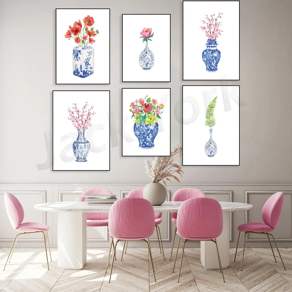 Watercolor flowers in chinoiserie vase printable art, chinoiserie art poster, home decor