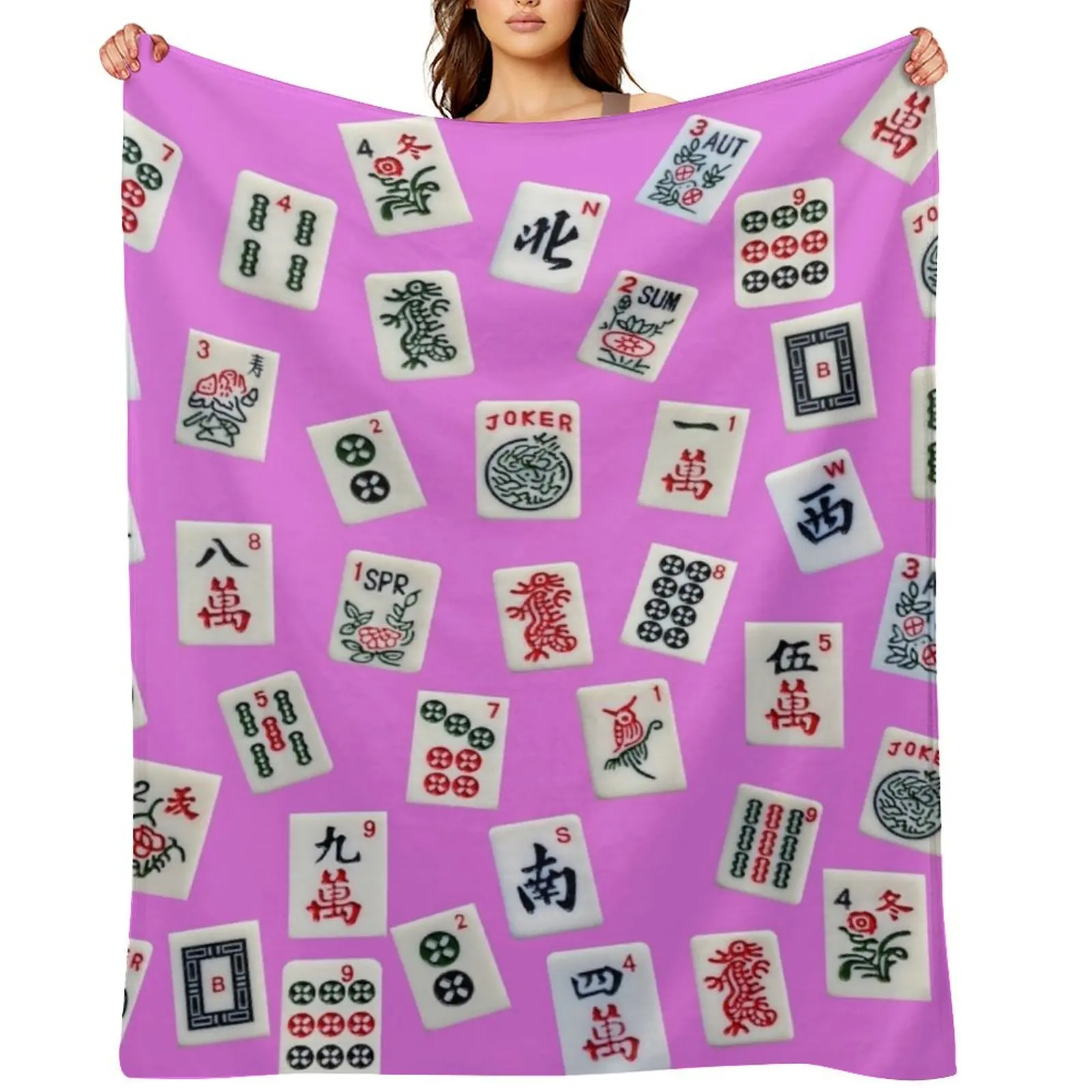 

Mahjongg game tiles design on pink color Throw Blanket Warm funny gift Hairys Luxury St Blankets