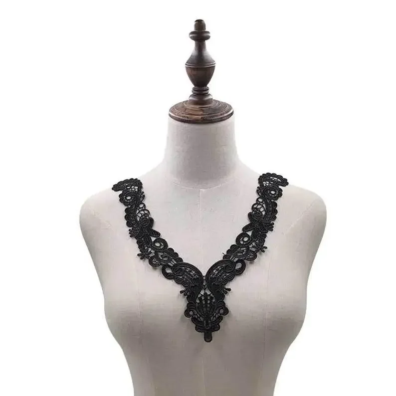 Black V shape crochet venise lace collar/ Water soluble polyester hollow bridal floral lace applique sold by per piece