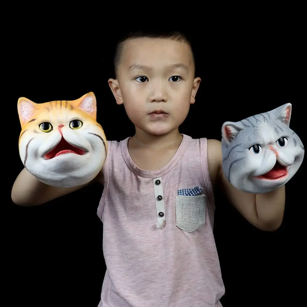 หุ่นหัวสัตว์ไวนิล ของเล่นรูปแมวแบบสวมมือ ของเล่นเสริมสร้างจินตนาการ ถุงมือเล่นบทบาทสมมติ ของเล่นนุ่มรูปหัวแมวสำหรับเด็ก