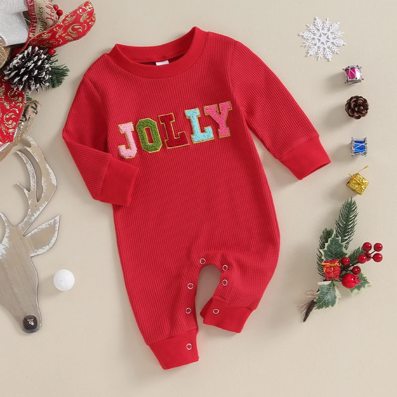 

Infant Baby Girl Boy Christmas Outfits Waffle Long Sleeve Crewneck Jolly Letter Embroidery Romper Jumpsuit Clothes