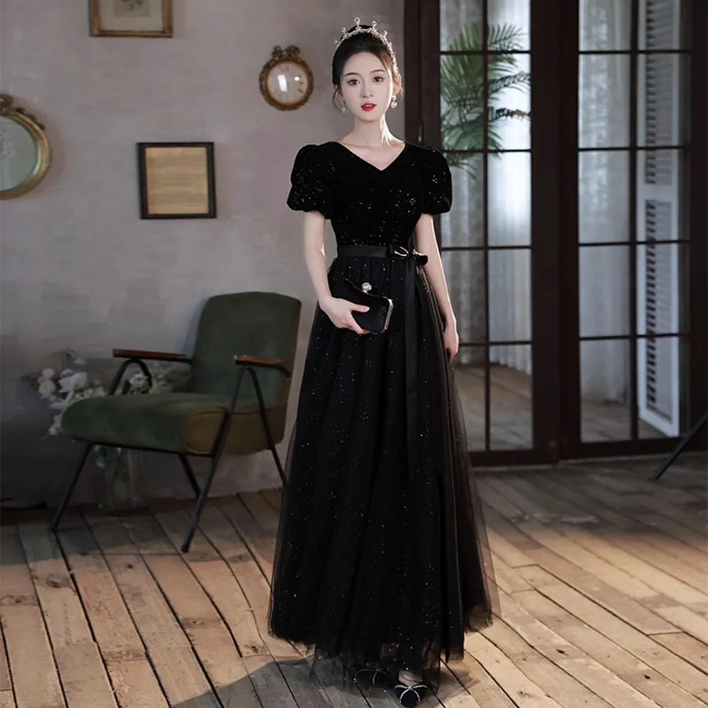 

Elegant Solid Black Evening Dress Women 2025 New Light Luxury Sequins V-neck A-line vestido Lace Up Belt Slim Female Prom Gown