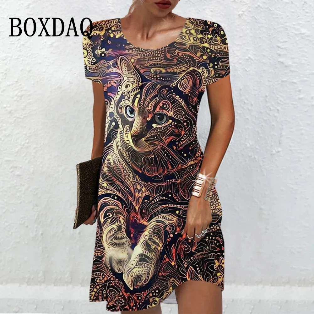 Funny Painting Cat Dresses For Women 2024 Fashion Streetwear Casual Short Sleeve Dress Summer 3D Printed Mini New Ladies Dress