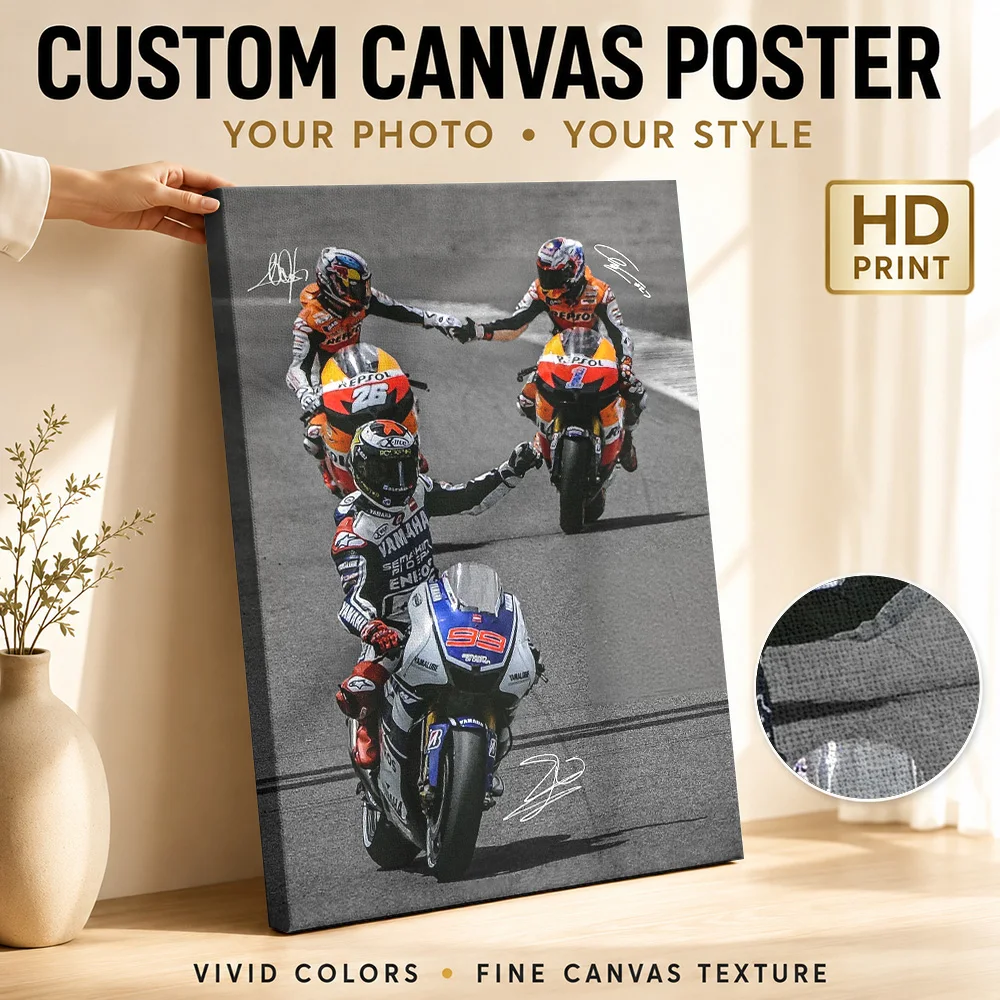 Stoner Pedrosa And Lorenzo Racing Trio Canvas Print Poster Bold Style Wall Art With Customized Photo For Garage Ideal Rider Gift
