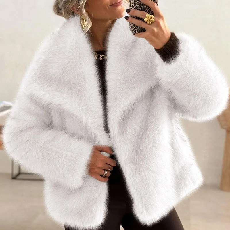 Vrouwen Elegante Nepbontjas Warme Pluizige Vintage Losse Revers Jas Met Lange Mouwen Herfst Winter Mode High Street Lady Outerwears