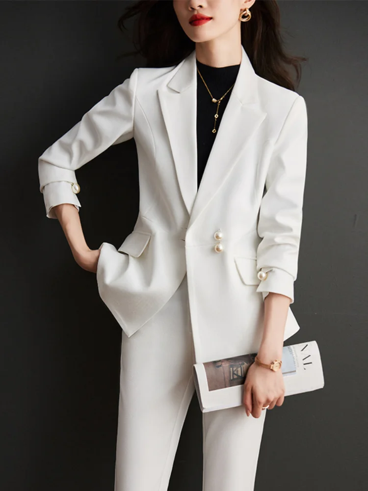 

Korean Version of the Casual Career Office Suit Female Fall Long-sleeved Double-breasted Jacket + Wide-legged Pants Fashion Suit