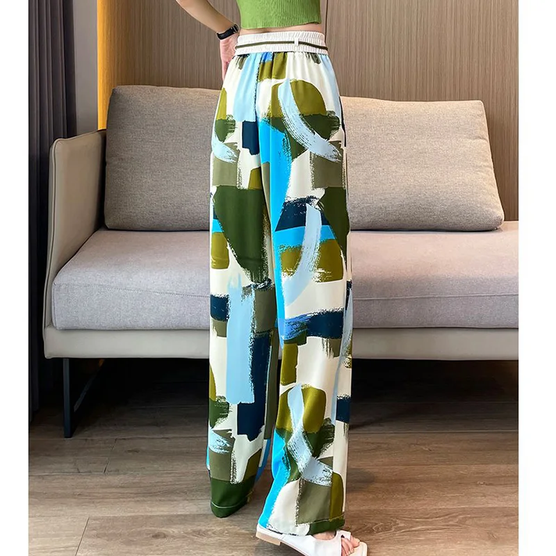 Ice Silk Wide Leg Trousers for Women Summer Thin High Waisted Draped Loose Fitting Straight Chiffon Printed Casual Beach Pants