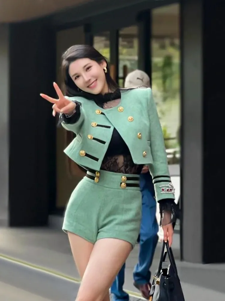 Spring French Retro Womens Double-Breasted Short Wool Jacket Shorts Outfits O Neck Long Sleeve Green Coat Sets Diamond Jackets