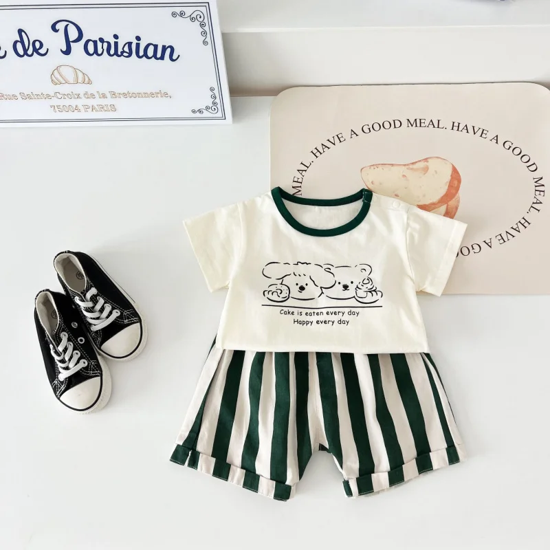 

Baby Summer Outfit for Infants and Toddlers, Stylish Round NecktShirt0-3Vertical striped cotton shorts for 1-year-old children t