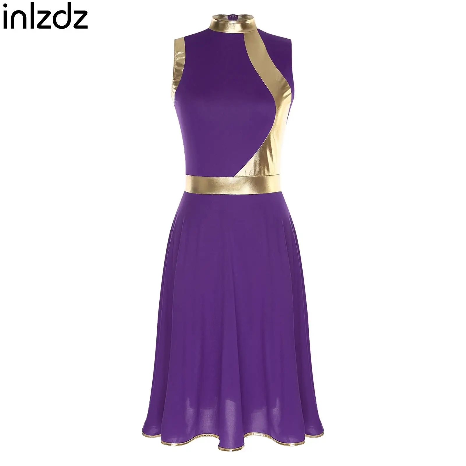 

Adult Women Metallic Shiny Sleeveless A-line Dress Dance Costume for Lyrical Liturgical Worship Praise Performance Dancing Party
